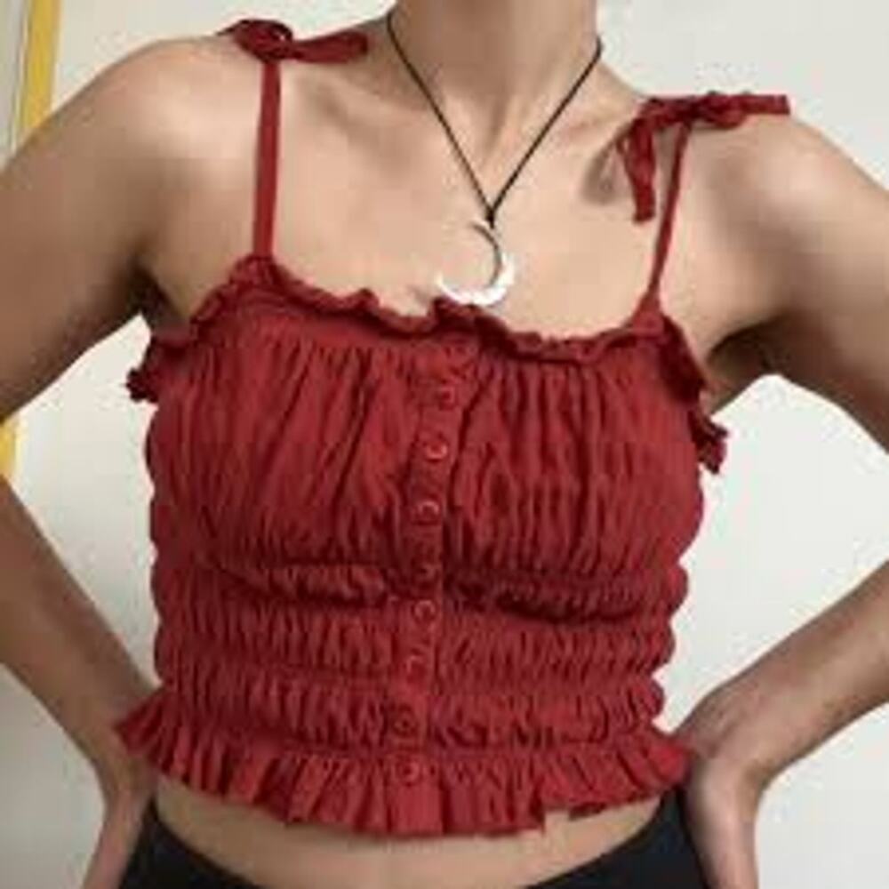 Urban Outfitters Women’s Button Down Ruffle Smocked Cropped Top Size S Pink